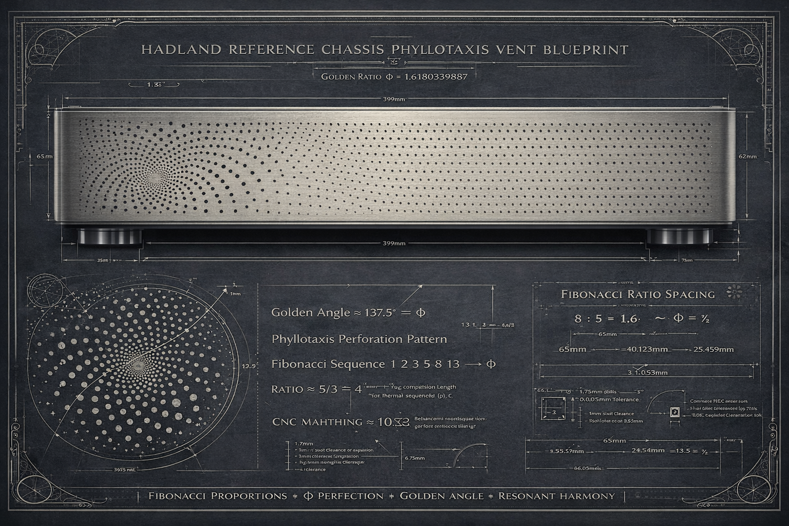 HADLAND Reference Chassis Phyllotaxis Vent Blueprint - Golden Ratio Φ = 1.6180339887, showing Fibonacci sequence spacing and Golden Angle perforation pattern