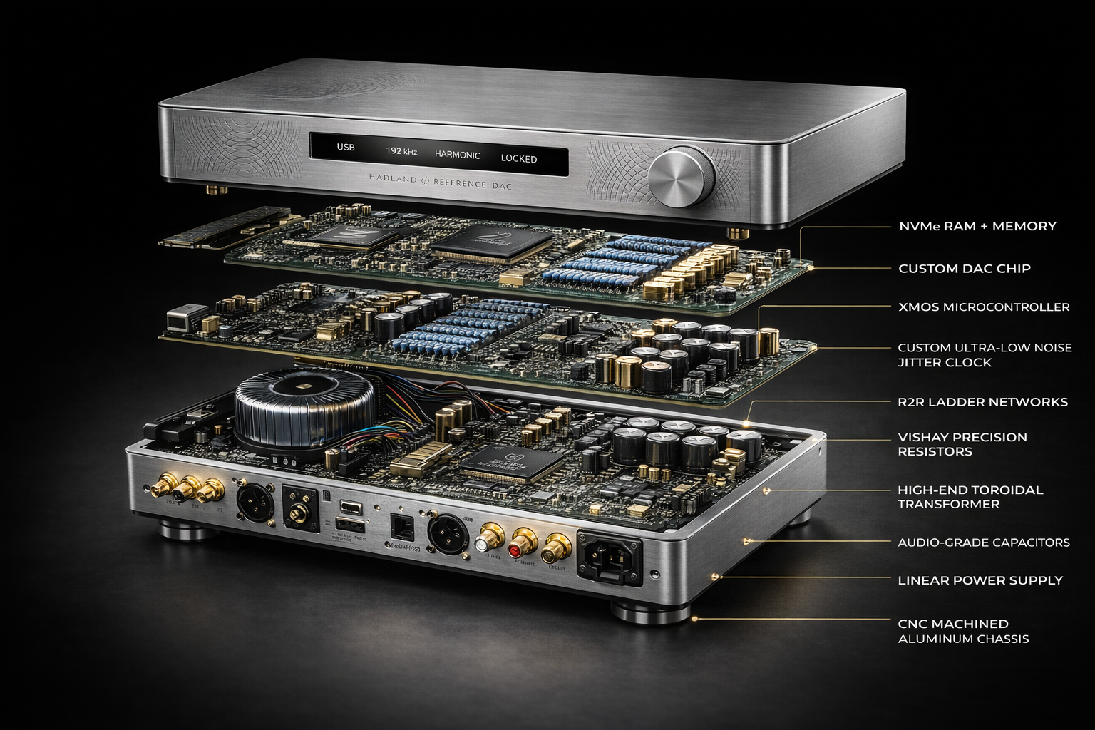 HADLAND Reference DAC - Exploded component view showing all internal layers: NVMe RAM + Memory, Custom DAC Chip, XMOS Microcontroller, Custom Ultra-Low Noise Jitter Clock, R2R Ladder Networks, Vishay Precision Resistors, High-End Toroidal Transformer, Audio-Grade Capacitors, Linear Power Supply, CNC Machined Aluminum Chassis